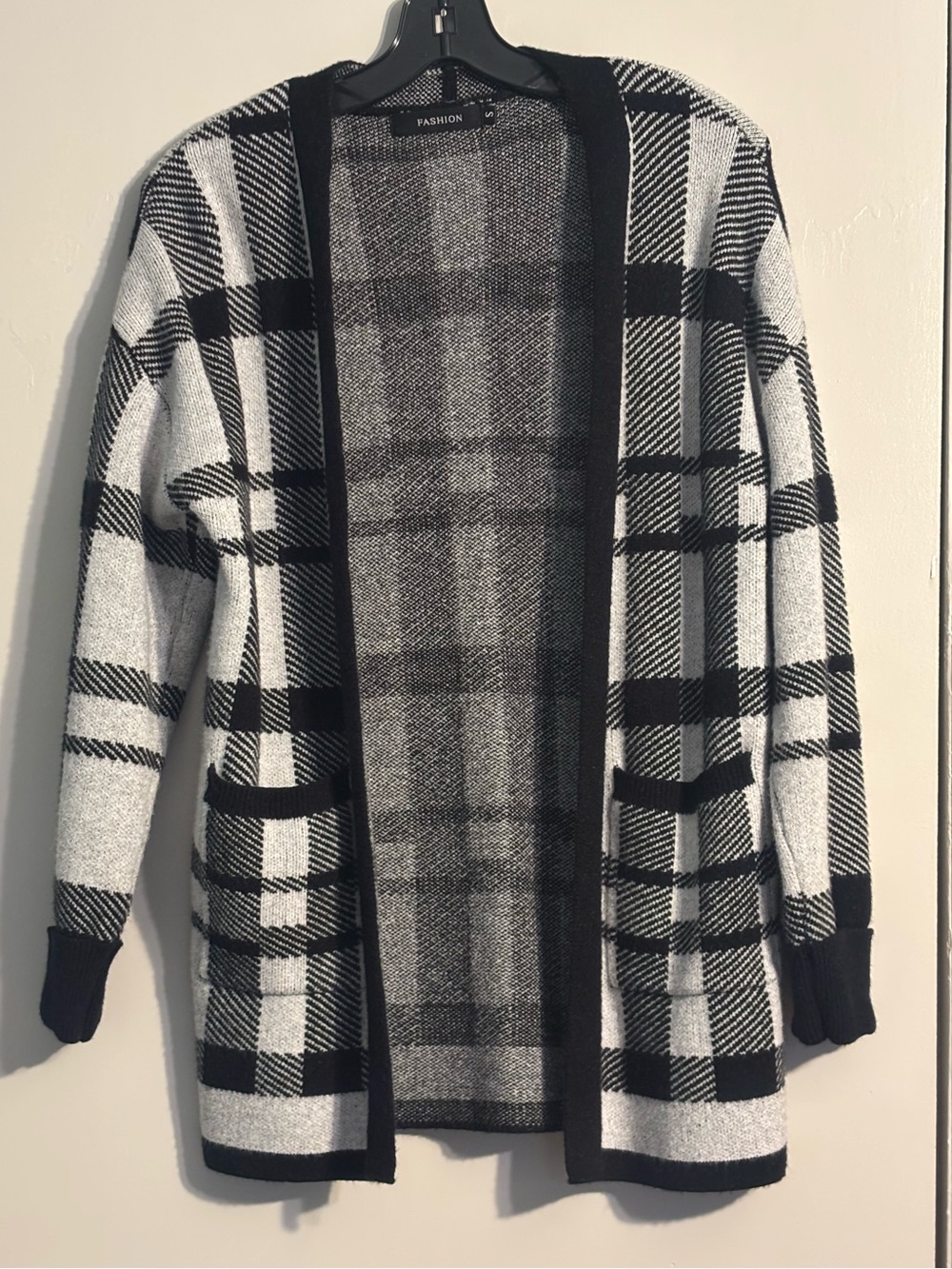 Black and White Plaid Open Front Women's Cardigan Sweater
Size S